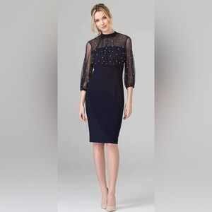 Joseph Ribkoff dark blue Dress with Sheer Embellished Sleeves